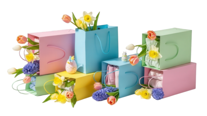 Colorful paper bags with flowers and gifts for easter celebration isolated on transparent background