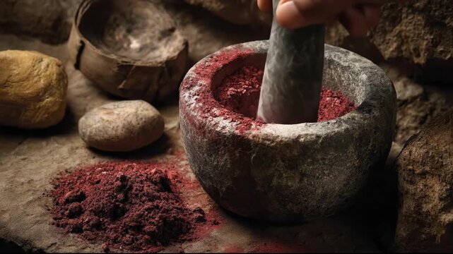 Hand grinding red ochre pigment in a stone mortar and pestle for ancient human art. Prehistoric craft and early human technology concept.