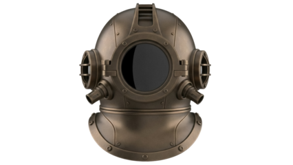 Vintage bronze diving helmet PNG isolated on transparent background, antique deep sea diver headgear for steampunk and nautical themes
