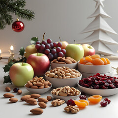 Holiday fruit and nut platter with festive christmas decor