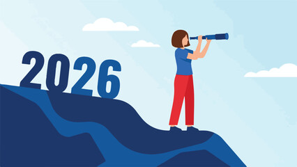 Woman looking through telescope at year 2026, symbolizing future vision and goals