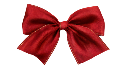 A shiny red satin ribbon bow with a festive silk knot isolated on a white background for Christmas holiday gift decoration or birthday present celebration design
