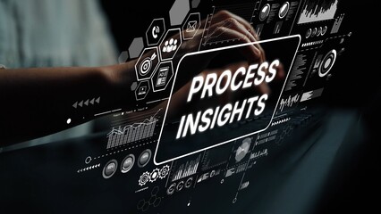 Hands Interacting with Digital Display Showing Process Insights and Data Analysis Metrics in a Modern Business Environment. Asymptotic smart data analytic.