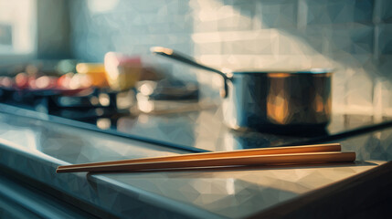 コンロ脇に置かれた菜箸が、日常の調理動作を想起させる穏やかなキッチンの水彩ポリゴン