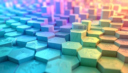 Gradient-colored hexagon grid, depth of field, abstract art, light and shadow play