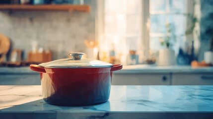 キッチンカウンターに置かれた鍋が、これから始まる煮込み料理を想起させる穏やかな台所の風景の水彩ポリゴン
