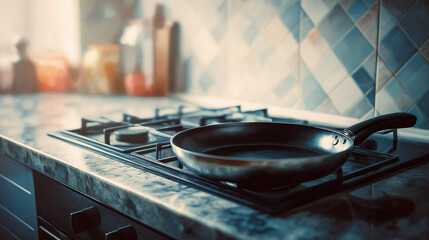 調理前のキッチンでガスコンロの上に置かれたフライパンが、これから始まる家庭料理を静かに待つ情景