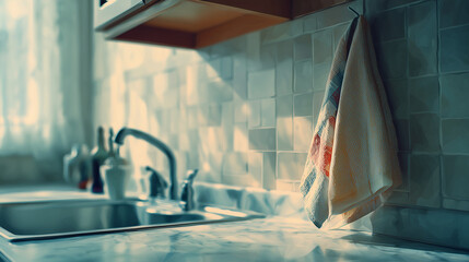 シンク横に掛けられたキッチンクロスが、日々の家事を感じさせる清潔なキッチンの水彩ポリゴン