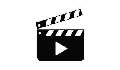 Movie Clapperboard Icon with Play Symbol, Black Minimalist Film Production Slate for Video Media