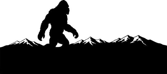 Bigfoot Silhouette in Mountain Wilderness Illustration