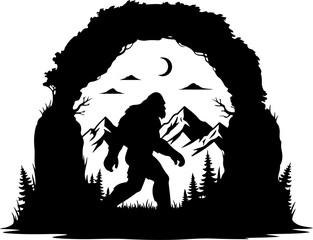 Bigfoot Silhouette in Mountain Wilderness Illustration