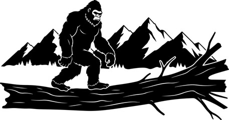 Bigfoot Silhouette in Mountain Wilderness Illustration