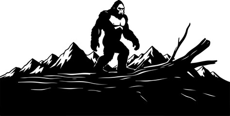 Bigfoot Silhouette in Mountain Wilderness Illustration