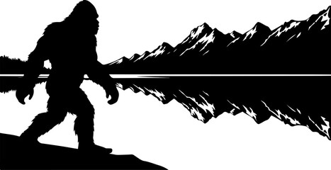 Bigfoot Silhouette in Mountain Wilderness Illustration