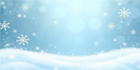 Fototapeta premium Blue Christmas background featuring winter snowflakes and silver glitter stars for a festive holiday celebration card design with icy blue snowfall patterns and light decorations