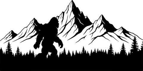 Bigfoot Silhouette in Mountain Wilderness Illustration