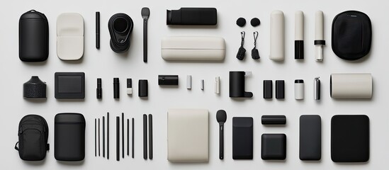 Minimalist Arrangement of Black and White Modern Gadgets and Accessories on White Background