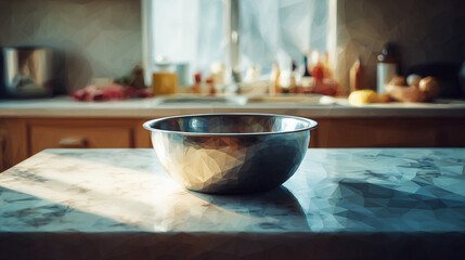 調理台の上に置かれたボウルが、下ごしらえ中の穏やかな料理時間を感じさせる台所の水彩ポリゴン