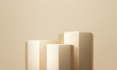 Golden podium premium Three stand product empty space pedestal cosmetic presentation beauty display studio design background. 3d rendering illustration