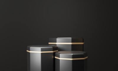 Mockup scene black podium three showcase empty presentation background. template banner premium product pedestal advertising. 3d rendering illustration