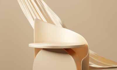  3D render Gold pedestal advertising cosmetic scene presentation fabric beauty design background. Platform fashion showcase space decor banner composition