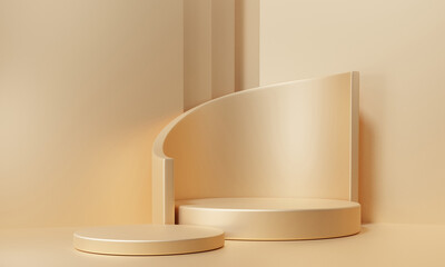 Podium gold empty luxury showcase presentation background. pedestal fashion ads platform template banner premium product design display show. 3d rendering illustration