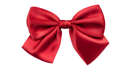 Shiny red satin ribbon bow with a festive silk knot isolated on a white background for Christmas holiday gift decoration, celebratory birthday presents, and anniversary party design