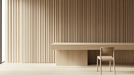Minimalist Interior with Vertical Wood Paneling, Sleek Desk, and Chair