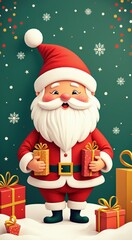 Cartoon santa claus holding two presents in his hands