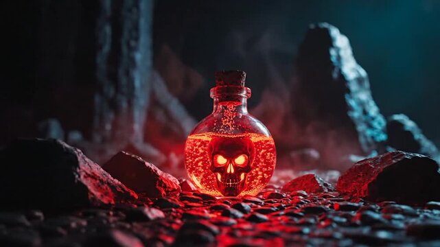 Glowing skull within bottle on dark surface