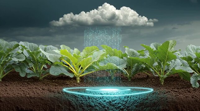Conceptual agricultural technology scene showing a bio-sensor embedded in soil transmitting glowing data signals to a floating cloud interface above, symbolizing smart farming, precision agriculture, 