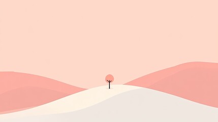 Minimalist Pink Landscape with Solitary Tree on Rolling Hills Under Soft Sky