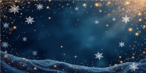 A blue winter night sky landscape features an elegant Christmas tree illustration with glowing stars and falling snowflakes for a festive holiday celebration greeting card background © alien