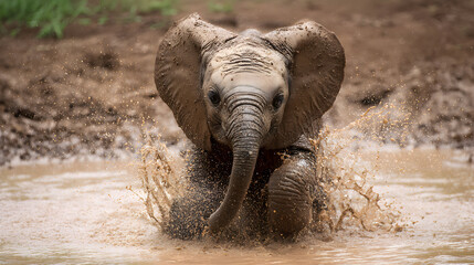 Young elephant playing in muddy water