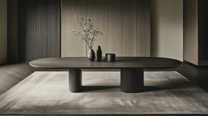 Minimalist Oval Coffee Table with Delicate Branch Arrangement in Serene Modern Interior