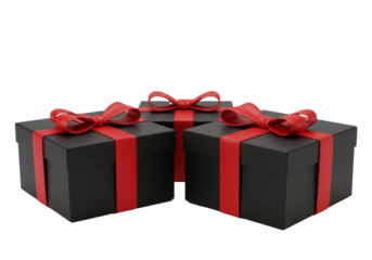 Three identical pristine black rectangular gift boxes with glossy red satin bows, on a transparent background, negative space, soft studio light, luxury gifting concept