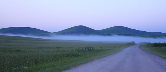Misty Morning Road: Rolling Hills Landscape with Fog and Rural Path