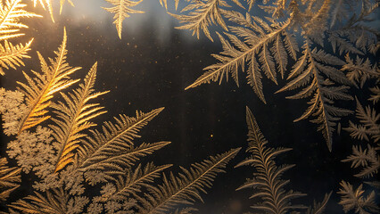 Golden ferns on a dark background with sunlight