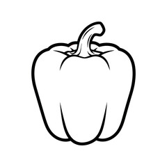 A minimalist black outline illustration of a red bell pepper with a green stem, offering a clean, modern design.