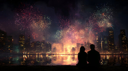 Couple enjoying fireworks over cityscape