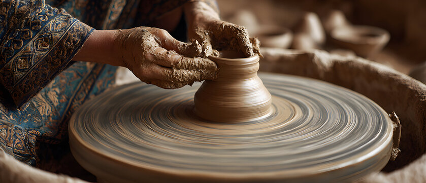 Crafting clay pot on pottery wheel - Powered by Adobe