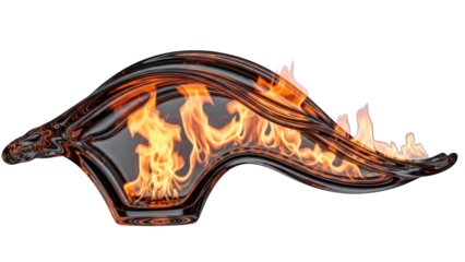 Fiery Abstract Shape with Glowing Flames and Dark Glossy Texture