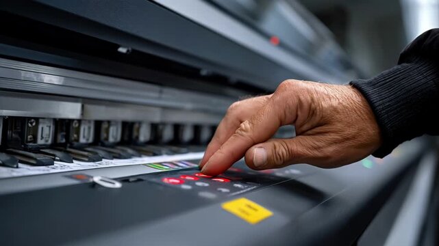 Medium shot capturing detailed adjustments on a digital printer screen while preparing variabledata prints for personalized marketing materials