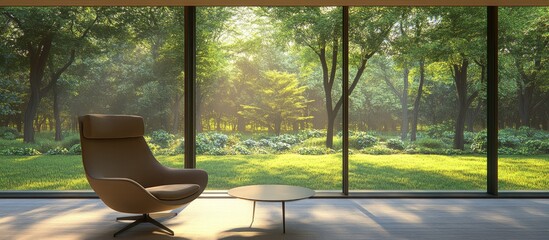Modern Interior with Forest View: Serene Chair and Table, Sunlight.