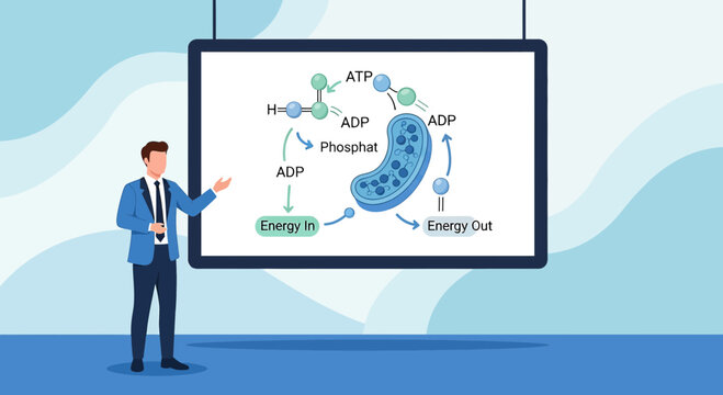 Animated science presenter explaining adenosine triphosphate formation process diagram illustration