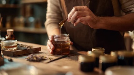 Midshot of artisan mixing botanical tanning solutions in a glass jar highlighting handmade ecofriendly beauty treatments