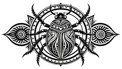 Detailed vector illustration of a scarab beetle with tribal ornaments.