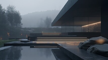 Modern Minimalist Residence with Infinity Pool and Dramatic Lighting in Misty Landscape