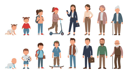 Generations and life stages of diverse people, isolated on white