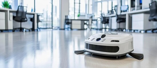 Modern Robotic Vacuum Cleaner Cleaning Office Floor, Smart Technology Concept.